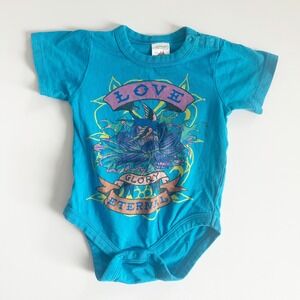 Ed Hardy Baby Blue Tattoo Graphic Love Glory Eternal Y2K Bodysuit Size 3/6M
